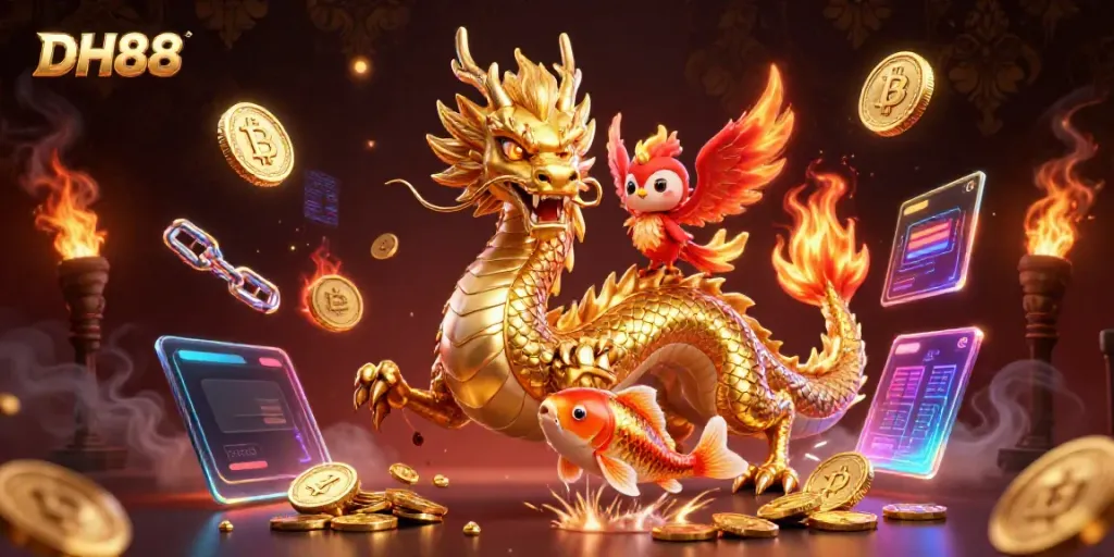 Experience thrilling gaming at DH88 with a fierce dragon and phoenix soaring amidst golden coins.