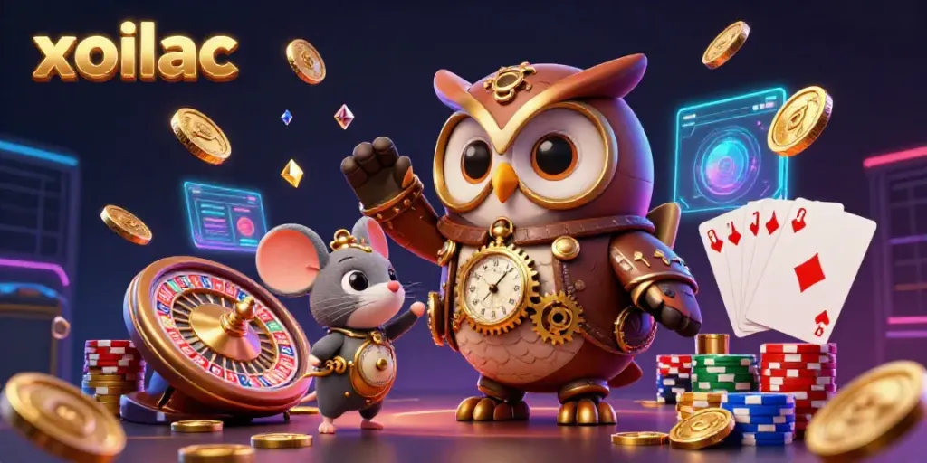 Xoilac features a dynamic scene with a time-traveling owl and casino elements, immersing gamers in a vibrant gambling experience.