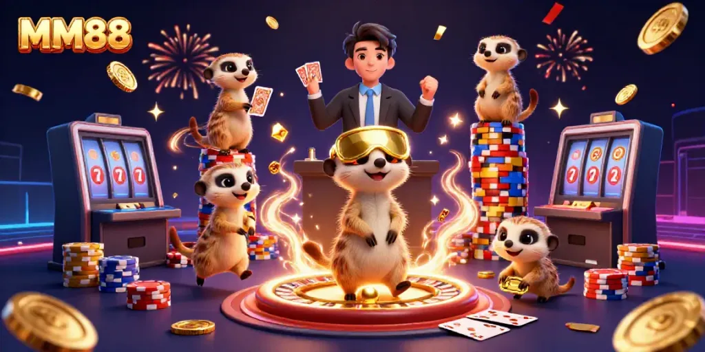 Meerkats at MM88 casino joyfully managing gaming tables, surrounded by flying coins and confetti.