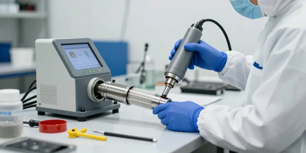 DPF reinigung hannover service showing technician cleaning a diesel particulate filter.