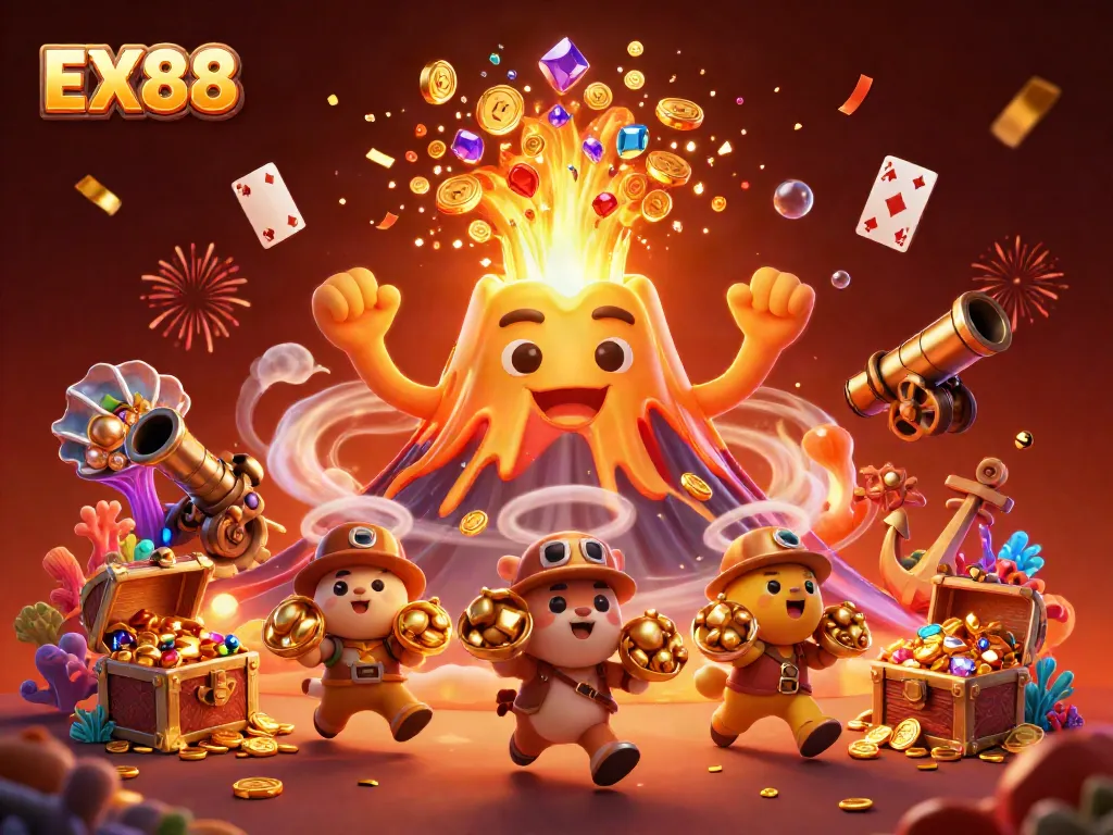 Experience gambling thrills with the vibrant EX88 volcano, treasure-filled animals, and festive gold eruption.