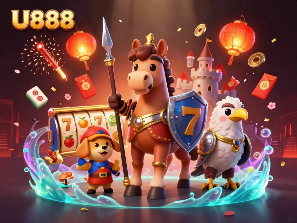 Experience the vibrant U888 gaming scene with a knight, puppy, and falcon among slot reels and festive elements.
