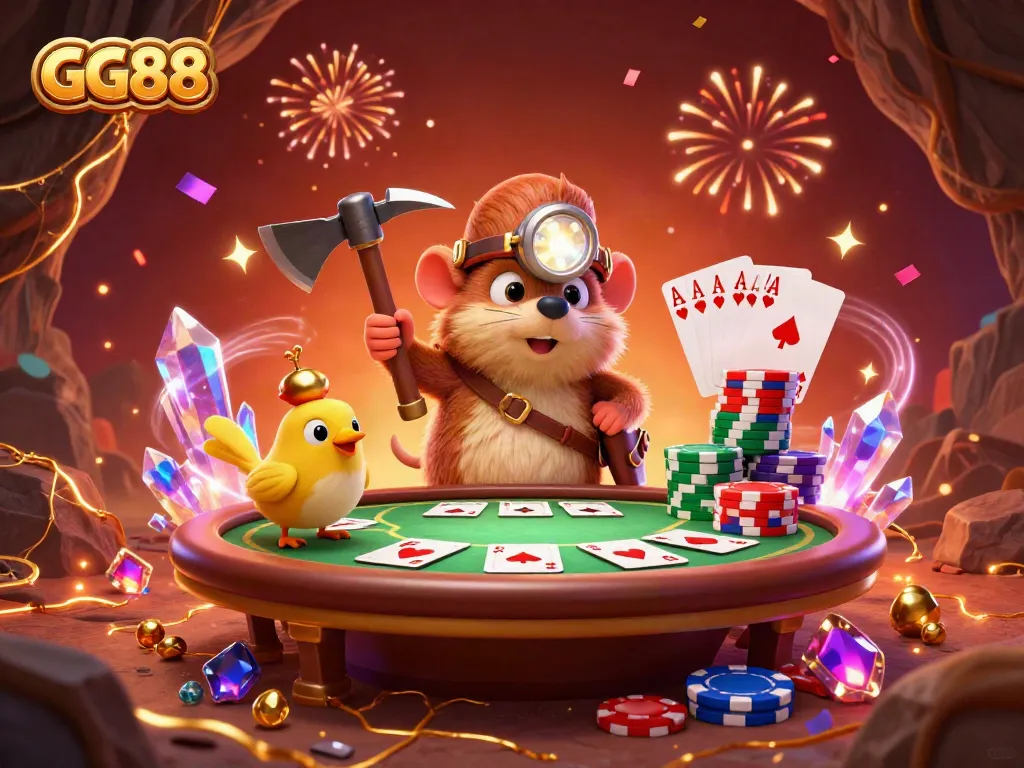 Experience thrilling gaming at GG88 with a cartoon mole treasure hunter surrounded by gold and poker elements.