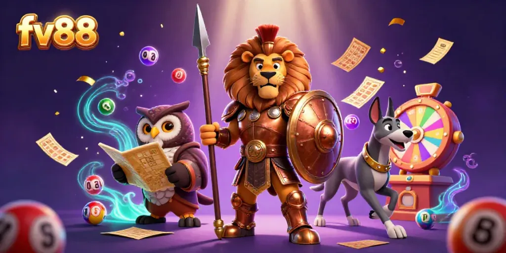 Engage in thrilling gambling action with fv88 showcasing a lion, owl, and greyhound amidst colorful lottery elements.