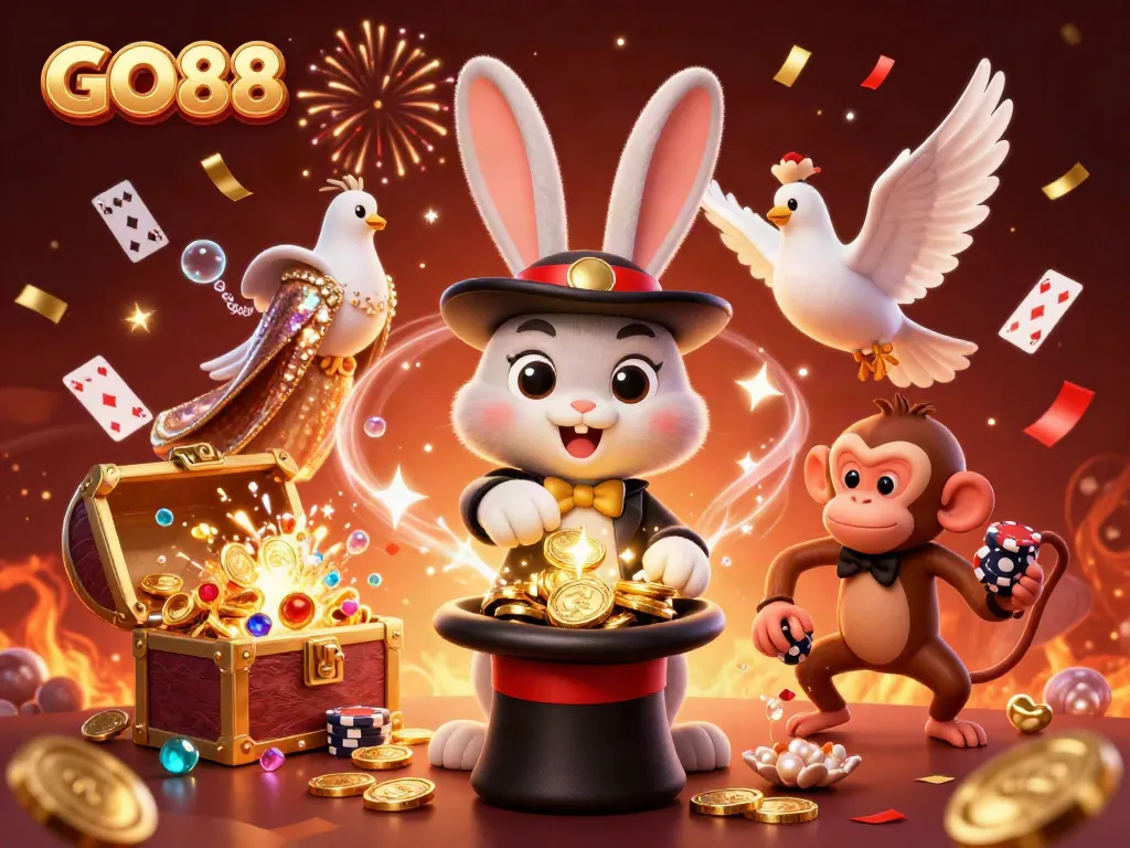 Experience GO88's exciting gaming world with a 3D illustration of a magician rabbit, dove, and monkey amidst dazzling gambling elements.