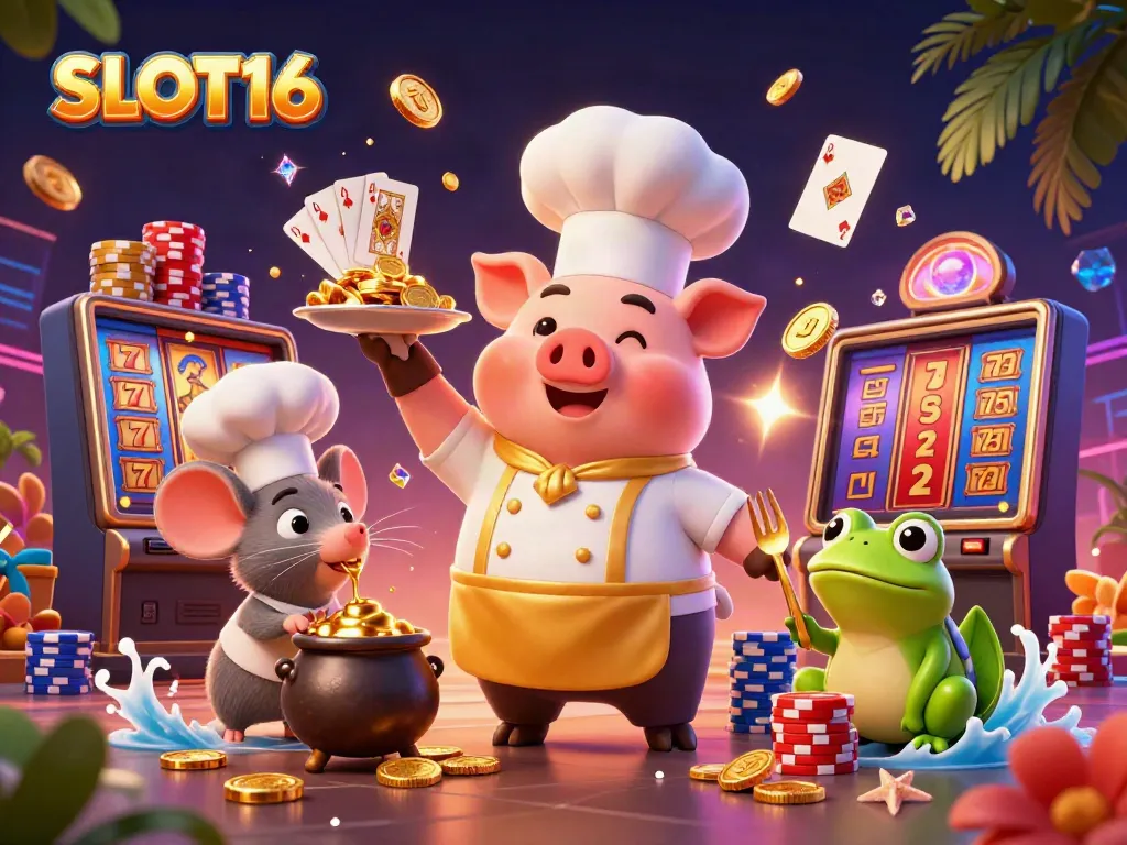 Engage with SLOT16’s dynamic casino world featuring gourmet gold coins, playful characters, and slot machines.