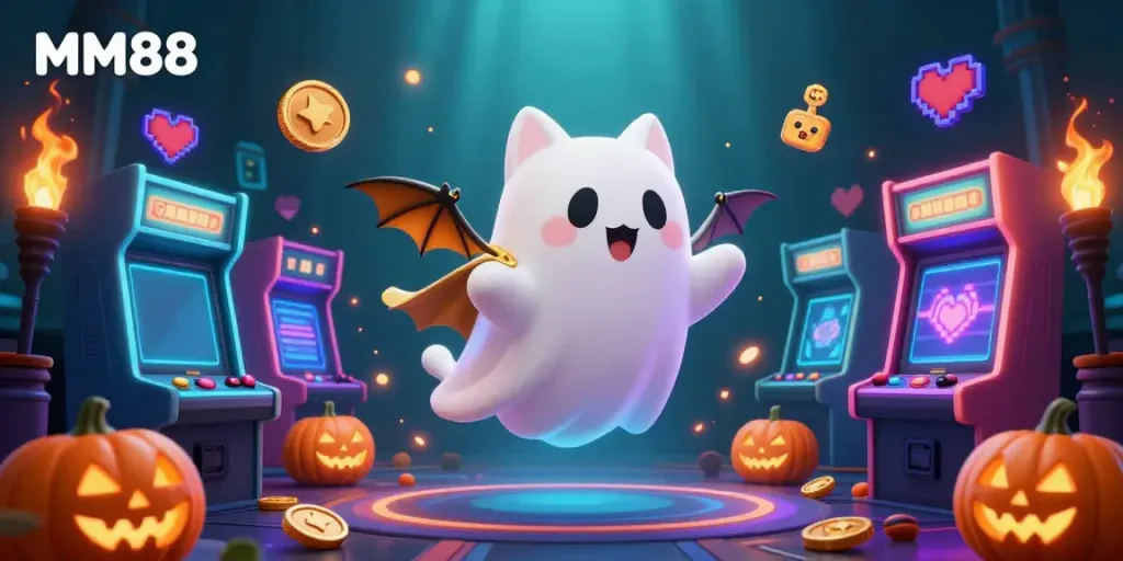 Experience the thrilling MM88 gaming atmosphere featuring a ghost cat and vampire bat in a haunted casino.