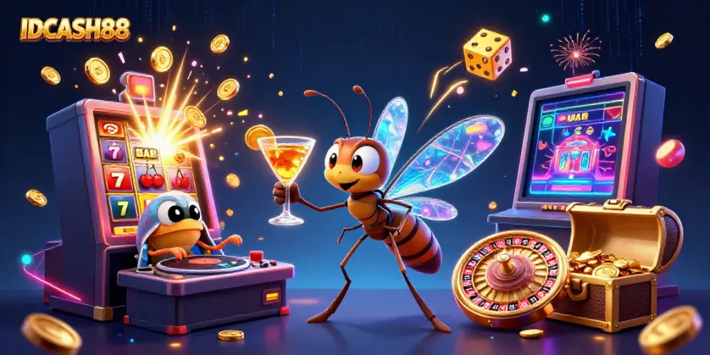 Experience the excitement of casino games with IDCASH88's thrilling 3D illustration featuring engaging characters and dynamic elements.