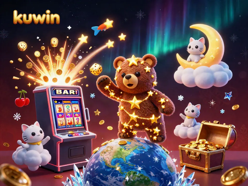 Join kuwin's colorful casino journey with a constellation bear, slot machine, and sparkling treasures.