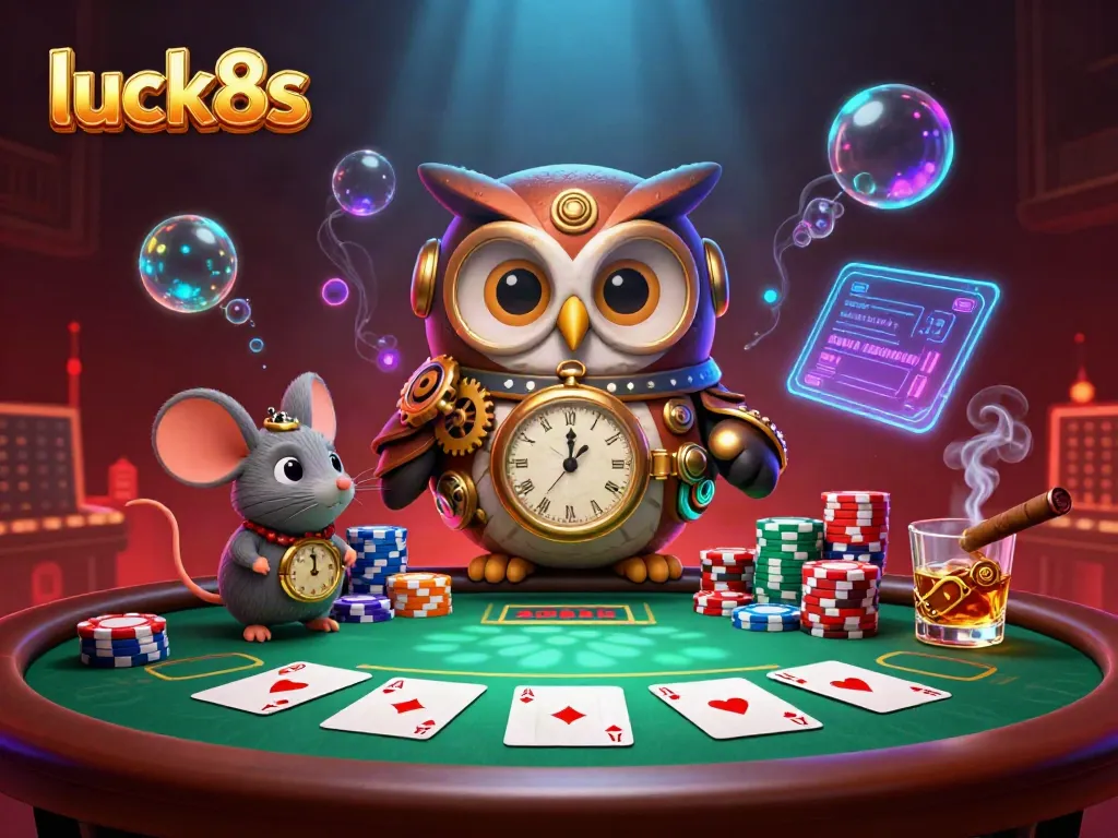 Engage with luck8s in this vibrant scene depicting poker action featuring a time-traveling owl and a clockwork mouse.