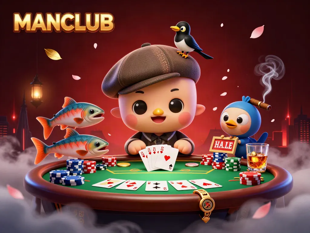 Engaging MANCLUB scene with cartoon Nessie and friends at a poker table, rich in detail and vibrant colors.