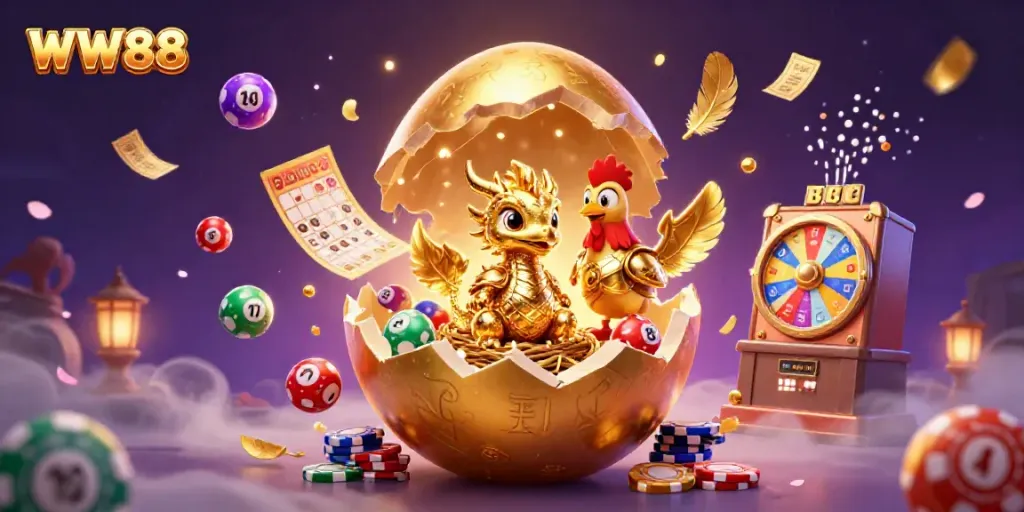 Experience the thrill of WW88 with a captivating gold dragon and colorful lottery elements in action.