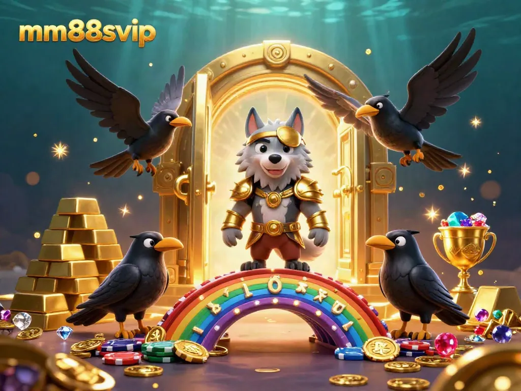 Engage with the vibrant mm88svip scene featuring Odin and ravens in golden armor against a treasure-filled backdrop.