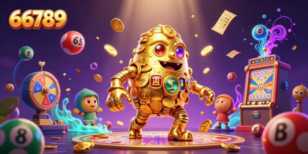 Experience the excitement of 66789 with a vibrant illustration featuring dynamic gaming elements and a golden golem character.