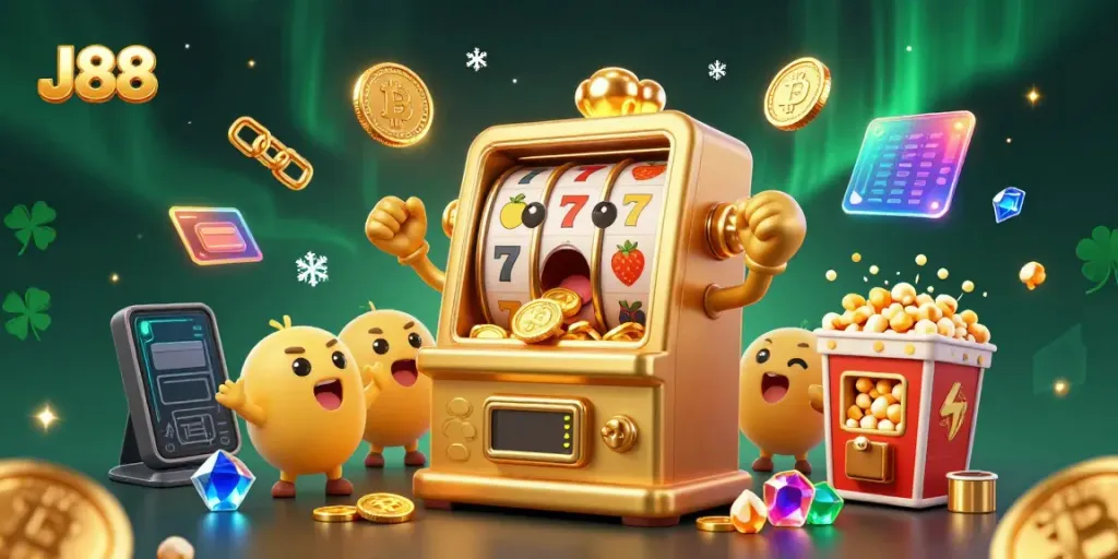 Engaging scene of J88-themed golden slot machine impacting a jackpot with cheering smaller slots and crypto elements.