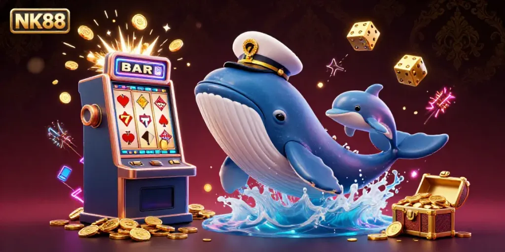 Engage in thrilling casino fun with NK88 featuring playful marine characters amidst a jackpot scene.