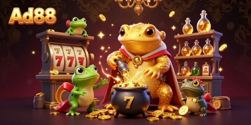 Experience the excitement of Ad88 with our dynamic 3D illustration featuring an alchemist and frog apprentice surrounded by gold.