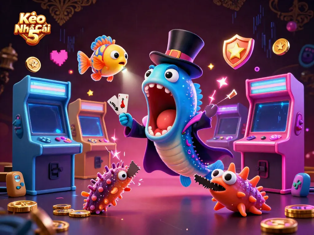 Kèo Nhà Cái 5 features a whimsical scene with deep-sea creatures performing magic tricks amidst colorful gaming elements.