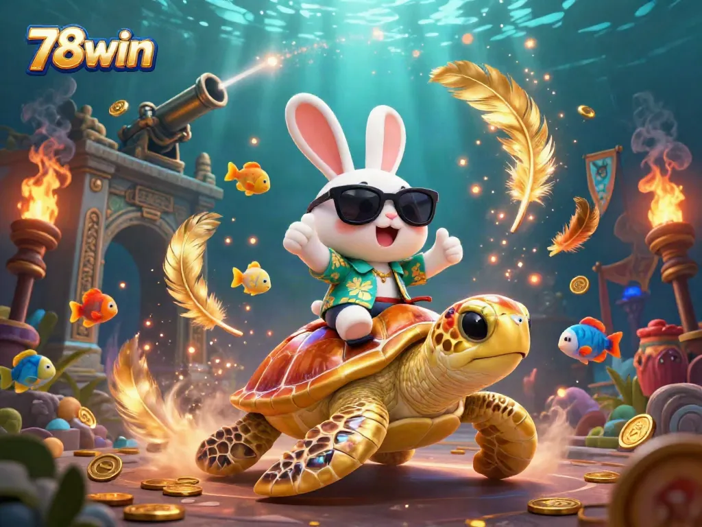 Engage with 78win's thrilling fish shooting game featuring an adorable lucky rabbit on a golden turtle.