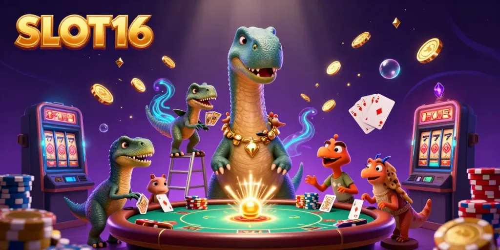 SLOT16 features a playful brontosaurus and raptor dealer in a vibrant casino setting.