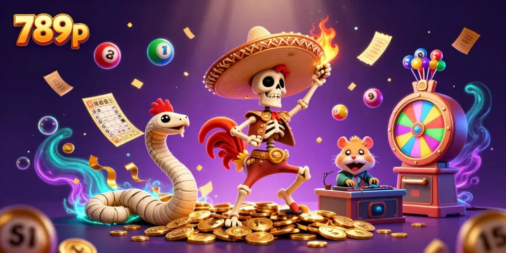 Exciting 789p casino scene with a dancing skeleton and vibrant game elements showcasing a festive atmosphere.