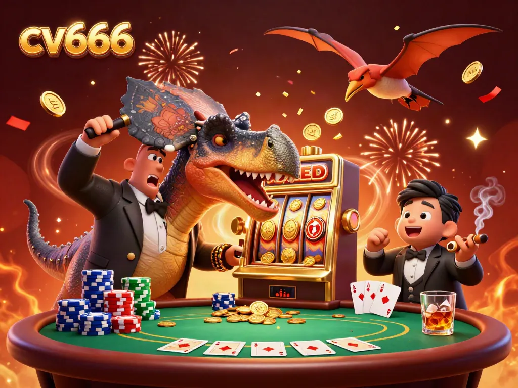 Watch the cv666 pachycephalosaurus celebrate a jackpot payout with flying coins and animated casino chaos.