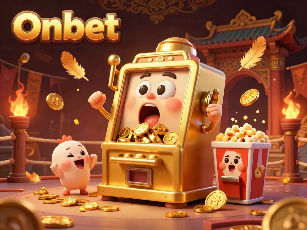 Onbet golden slot machine hitting a jackpot surrounded by celebration in a vibrant casino scene.