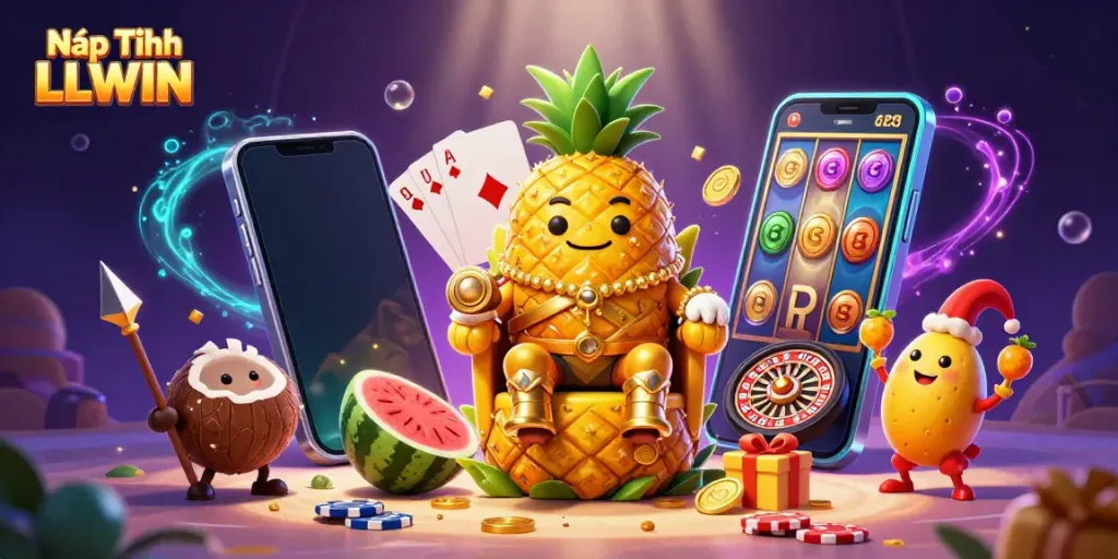 Nạp Tiền LLWIN vibrant casino scene featuring a golden pineapple king and dynamic gaming elements.