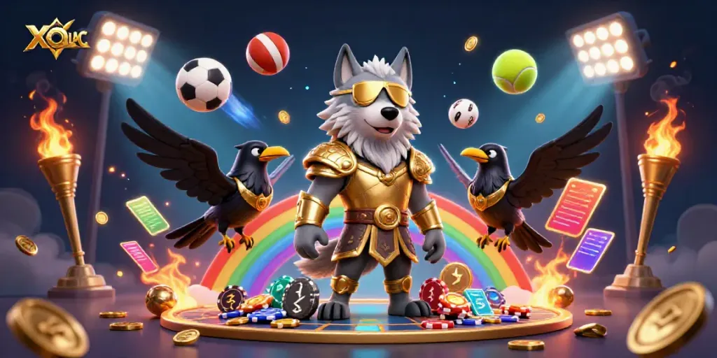 Experience thrilling sports betting with XOILAC's dynamic illustration featuring a mythical wolf and sports elements.