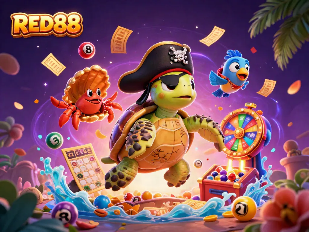 Engage with thrilling casino rewards at RED88 through an animated pirate turtle adventure filled with colorful lottery elements.