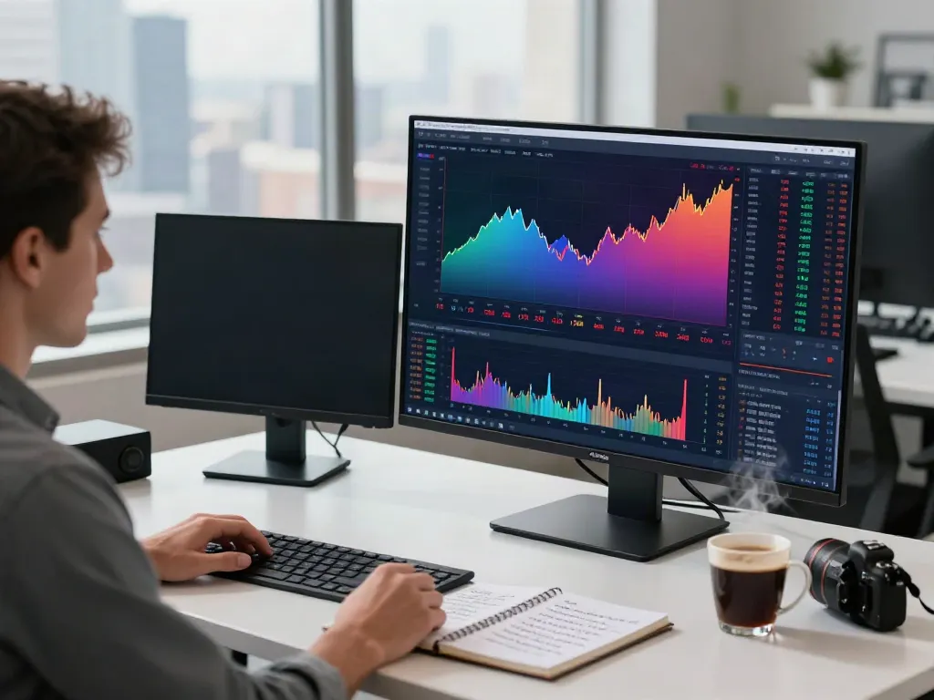 Trader focused on TradingView charts in modern office environment