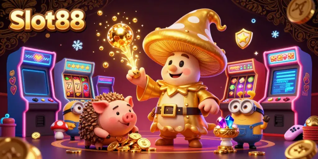 Experience the magic of Slot88 with vibrant slot reels and animated characters in a casino illustration.
