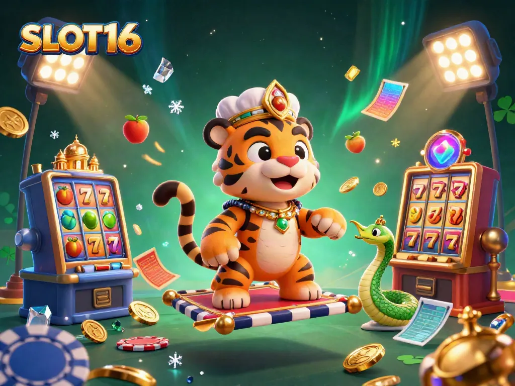 SLOT16 features a vibrant casino-themed scene with a tiger sultan, flying poker chips, and magical elements.