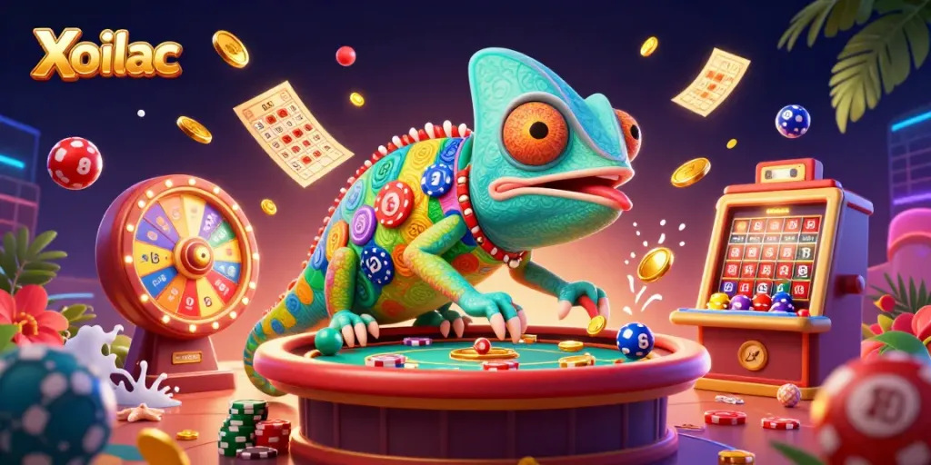 Xoilac showcases an engaging casino scene with a vibrant chameleon character, colorful lottery balls, and a dynamic atmosphere.