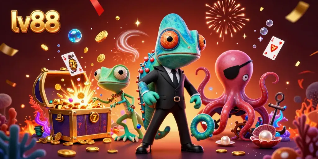 Engage with lv88's vibrant casino adventure featuring a colorful chameleon, tech-savvy gecko, and crafty octopus.