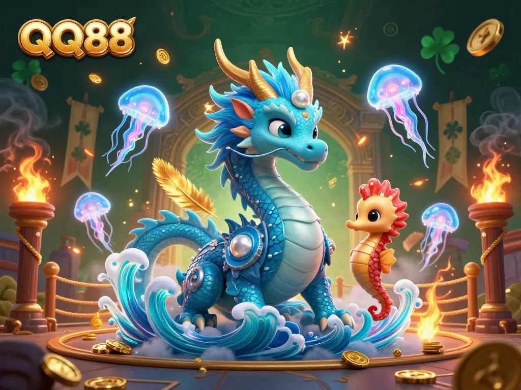 Experience the excitement of QQ88 with a vibrant illustration of a dragon and knight, showcasing dynamic gaming elements.
