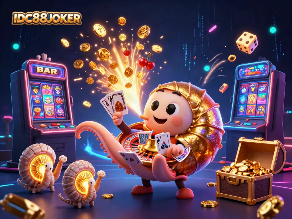 Engaging players with IDC88JOKER in a vibrant casino scene featuring a giant nautilus roulette wheel, slot machines, and glowing treasures.