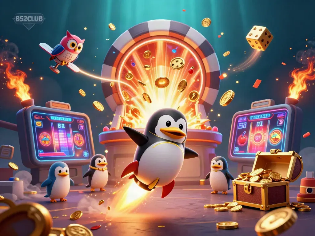 B52CLUB showcases a golden penguin soaring through a cosmic casino scene bursting with winnings.