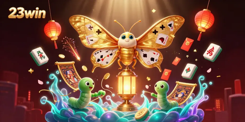 Engage with the exciting 23win online casino world, featuring a vibrant 3D moth and dynamic gaming elements.