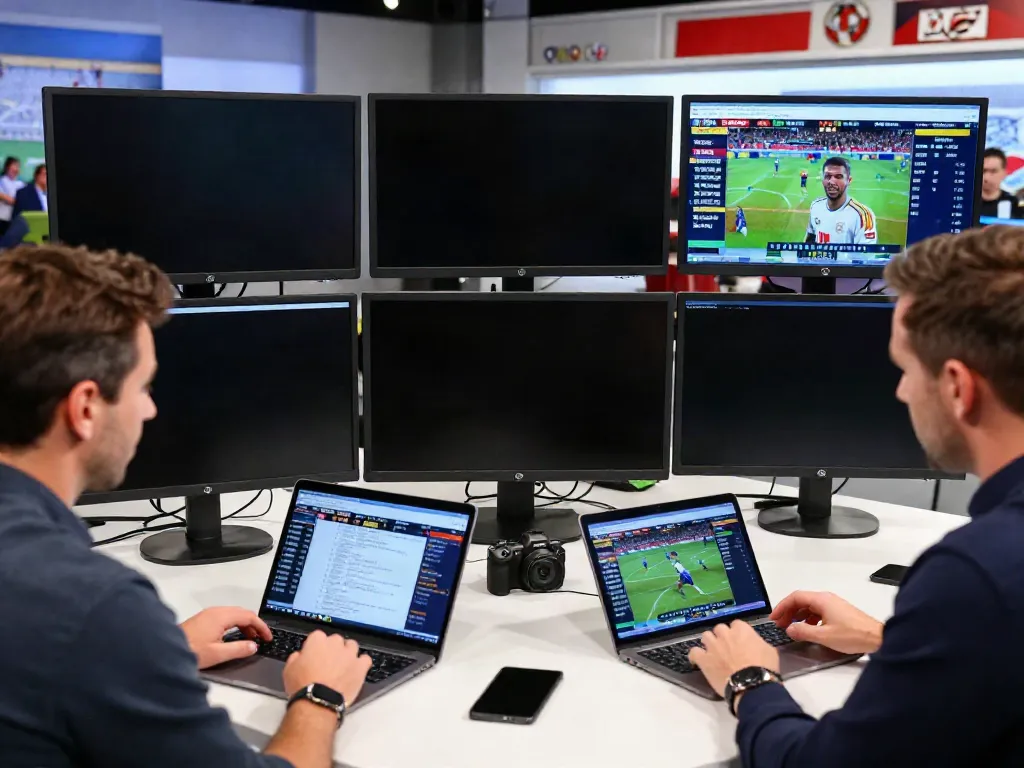Football transfer market scene with analysts discussing ข่าวกีฬาฟุตบอล updates in a modern studio.