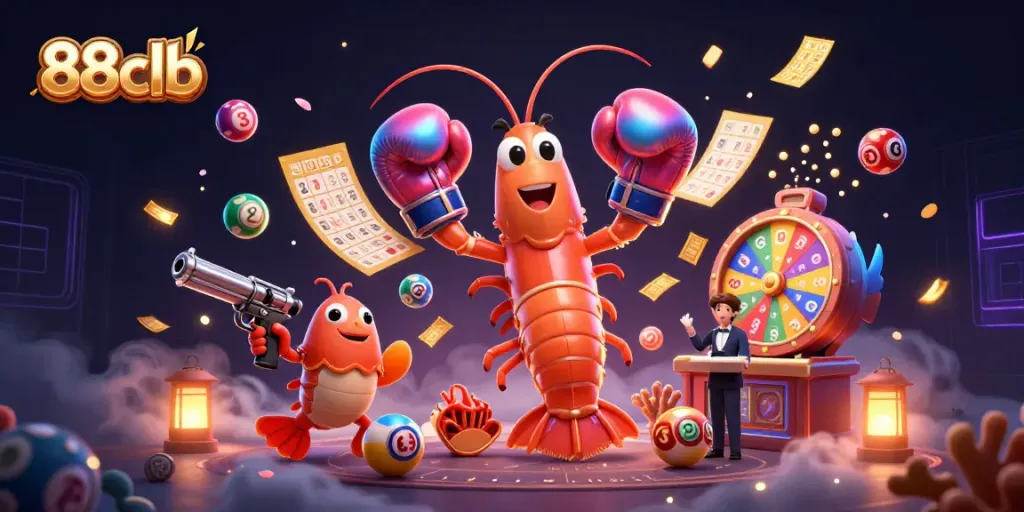 Engage in thrilling moments at 88clb with vibrant illustrations of lottery games and energetic characters.