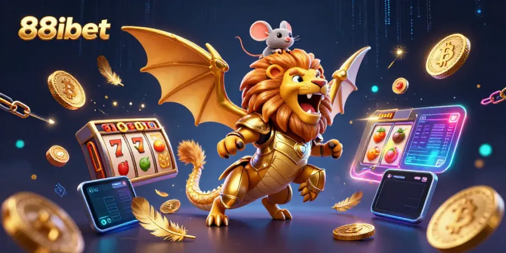 Engage with 88ibet's thrilling gaming experience featuring a golden armored chimera and vibrant slot elements.