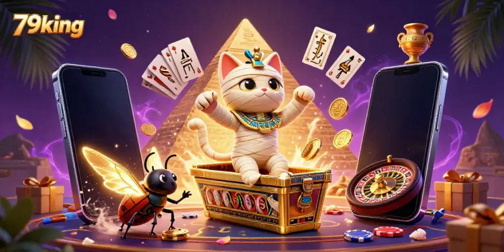 79king's Egyptian mummy cat emerges from a golden sarcophagus in a vibrant casino setting.