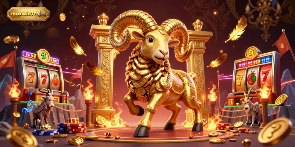 Engage with maxwin77 slot's thrilling gaming scene featuring a golden ram and vibrant slot elements.