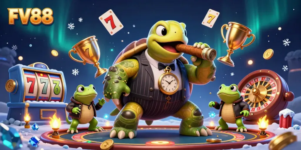Experience the excitement of FV88 with this dynamic 3D casino scene featuring a massive turtle and bullfrogs.