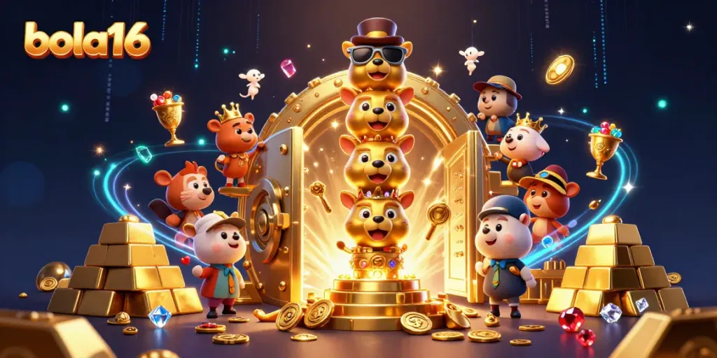 Bola16 features a vibrant 3D illustration of a golden totem pole with casino accessories, surrounded by treasures.