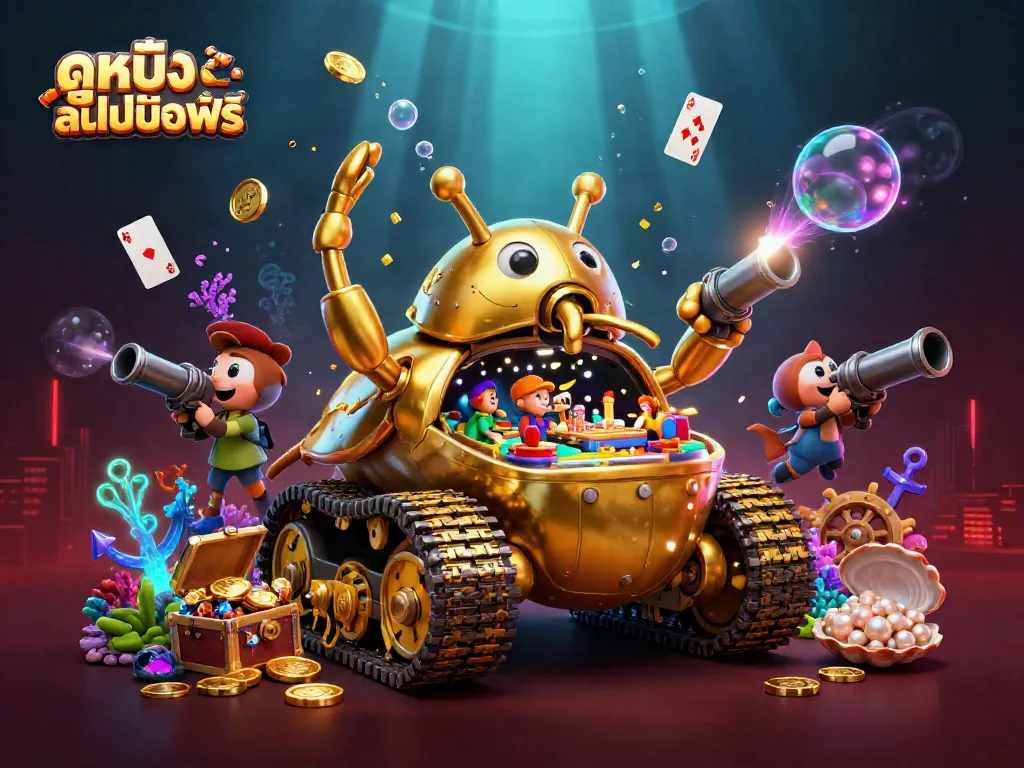 Engage in ดูหนังออนไลน์ฟรี with a vibrant digital casino scene populated with animated characters and treasures.