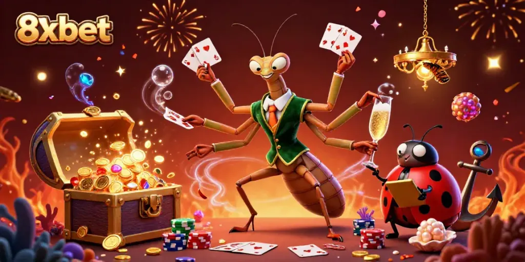 Experience the vibrant world of 8xbet with our dynamic gaming scene featuring whimsical characters and casino elements.