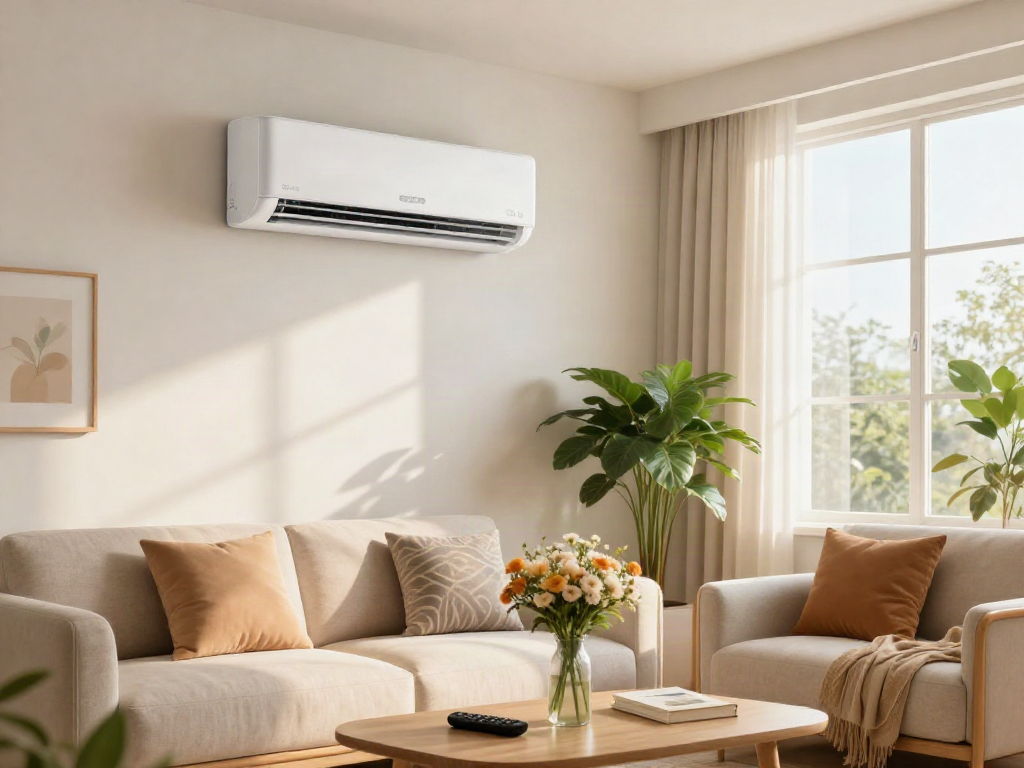 Mini split air conditioner enhancing a cozy living room's comfort and aesthetics