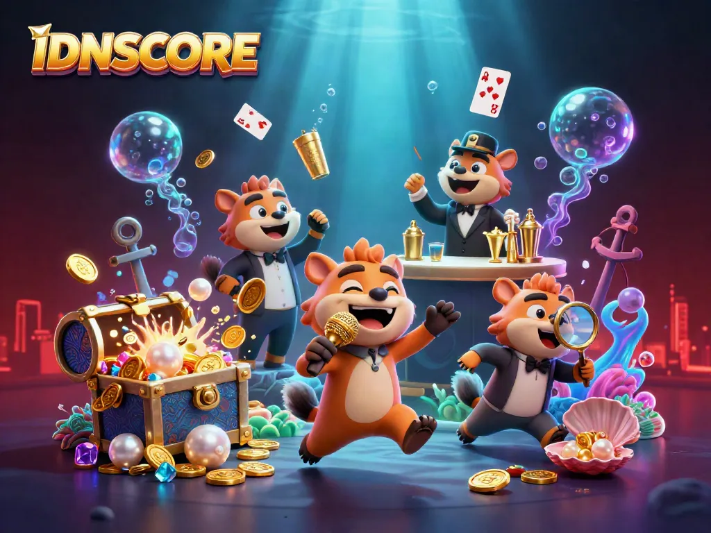 IDNSCORE casino scene featuring hyenas in a comedy club with vibrant game elements.